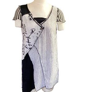 Le Blanc Mouton Linen Blend BOHO Artsy Mixed Media Tunic Top M/L 148A